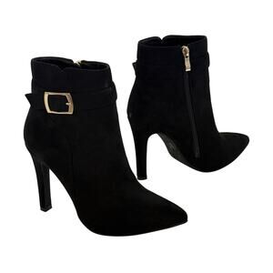 Idifu Dana Pointed Toe Stiletto High Heels Ankle Bootie Sz 6.5 Faux Suede Buckle